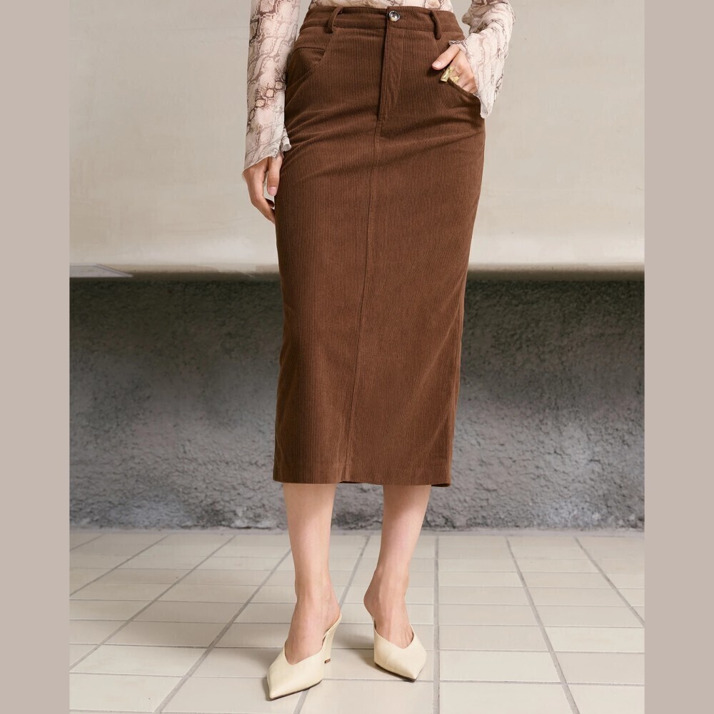Brown Corduroy Button Front Midi Skirt with Side Pockets